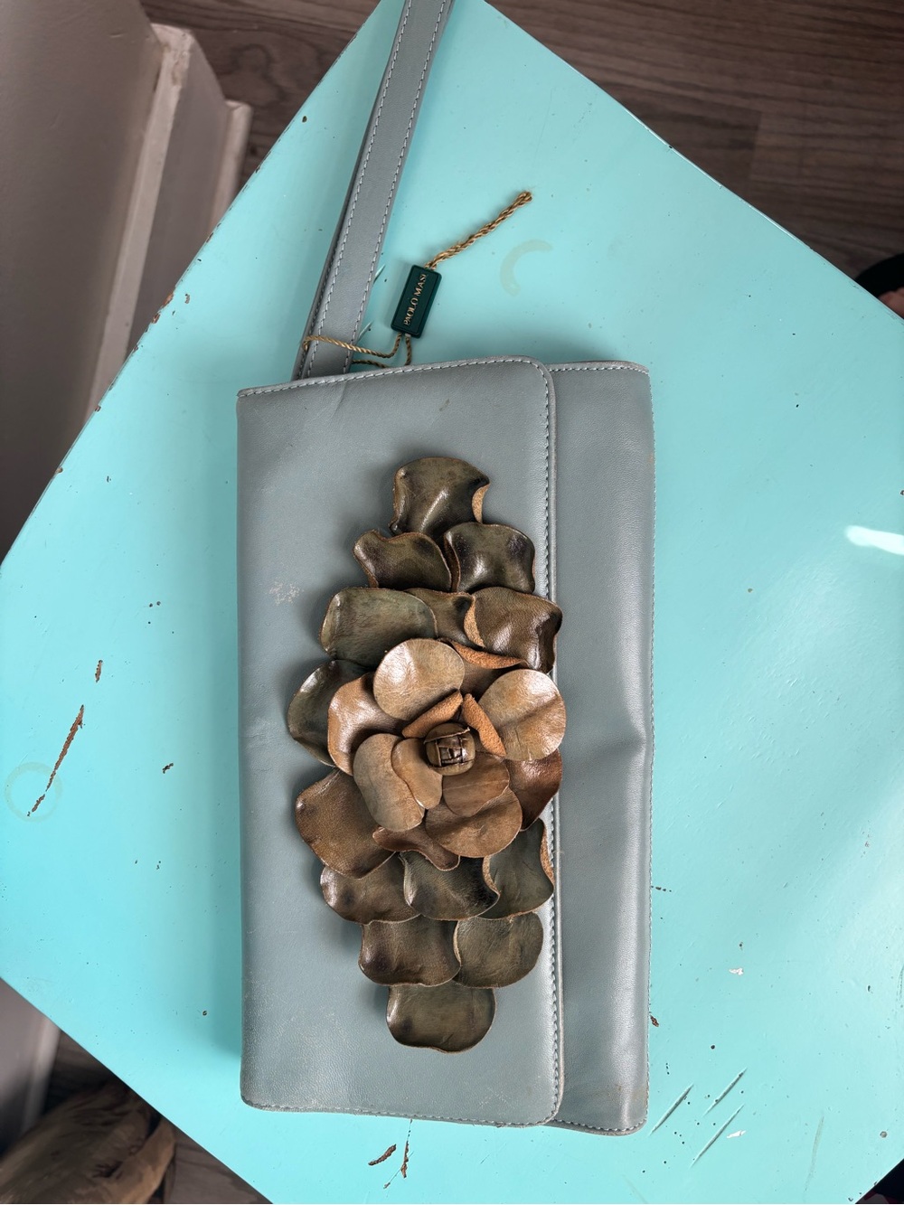 Paolo Masi Leather Slate Blue Clutch Wristlet Flower Applique Magnetic Closure